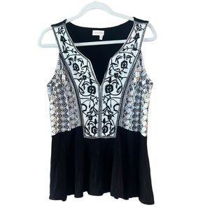 Meadow Rue Anthropologie Embroidered Boho Sleeveless Peplum Knit Top.
